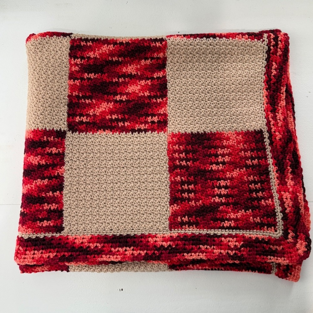 Crochet Orange Tan Afghan Throw Blanket 46"x82" approx Fall Earthy Retro Boho